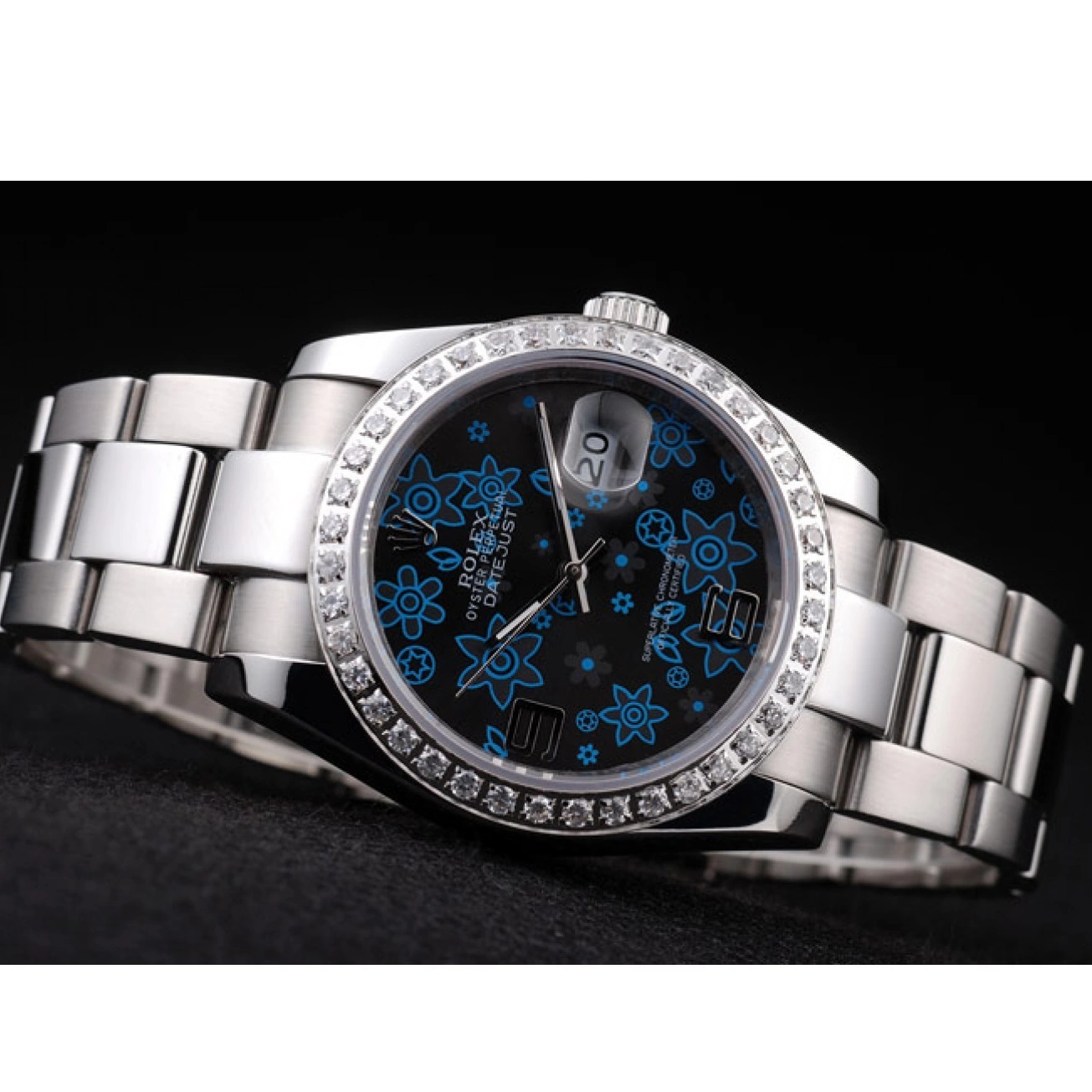 Good copy rolex watches Dial Diamond Datejust Polished Plated Blue Dark Flowers Steel Rolex Stainless 0818